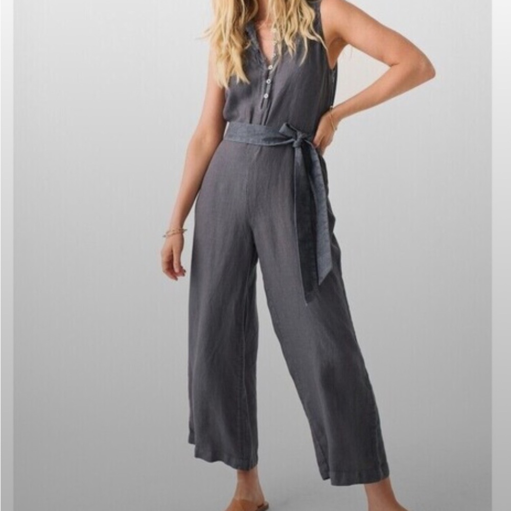 Faherty Hermosa Linen Jumpsuit Washed Black Sleeveless Tie Waist Wide Leg NWT